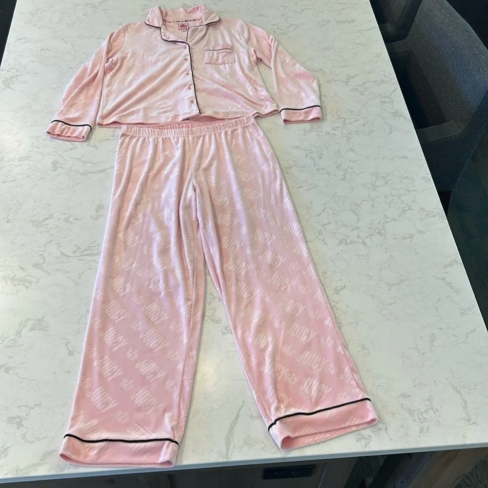 Juicy Couture Pink Polyester Button Down Blend Pajama Set Women’s Large